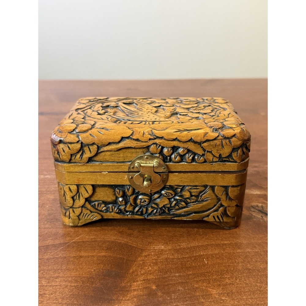 Hand‑Carved Camphor Lacquered Wooden Box ~ Birds & Flowers ~6.75"x 3.75" x 3.25"